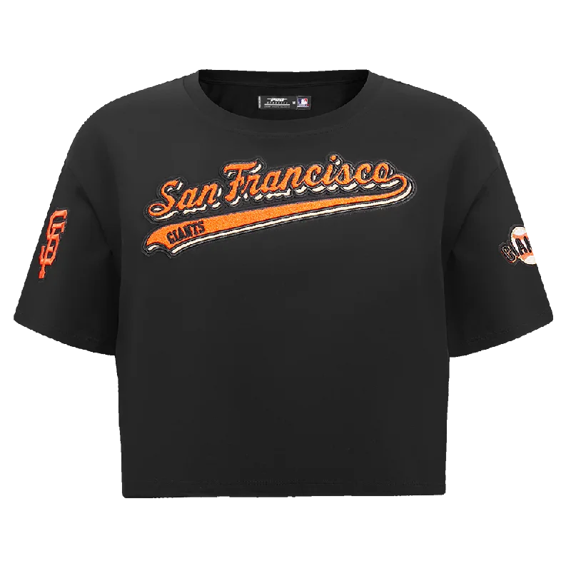 MLB SAN FRANCISCO GIANTS SCRIPT TAIL WOMEN'S SJ BOXY TEE (BLACK) Mesh Blend Leather Blend Suede Blend MLB SAN FRANCISCO GIANTS SCRIPT TAIL WOMEN'S SJ BOXY TEE (BLACK) Mesh Blend Leather Blend Suede Blend