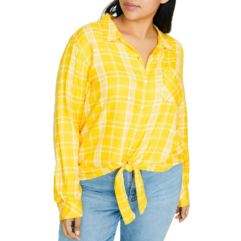 Sanctuary Womens Plaid Tie Front Button-Down Shirt Casual Slouchy Short Sleeve