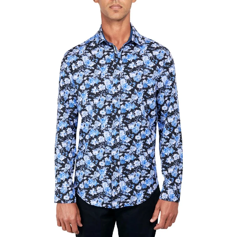 Society of Threads Mens Floral Quick-Dry Button-Down Shirt Classic Denim Short Sleeve