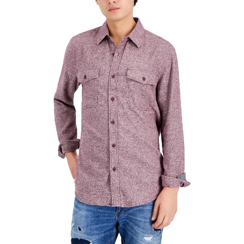 Sun + Stone Mens Cotton Collared Button-Down Shirt Trendy Turtleneck Short Shirt