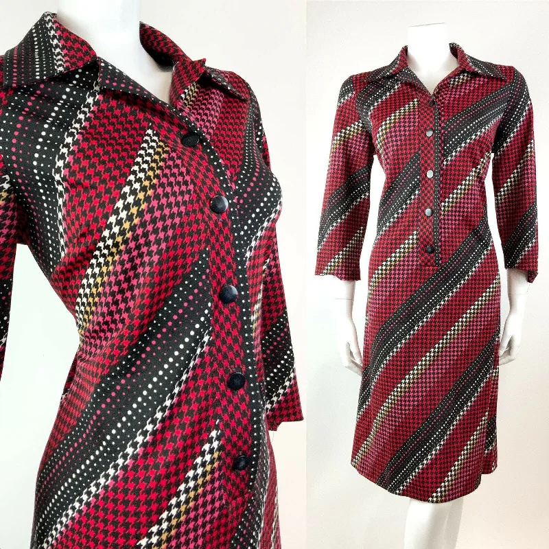 VINTAGE 60s 70s BLACK RED PINK WHITE GEOMETRIC HOUNDSTOOTH DAGGER SHIRT 14 16 Relaxed Fit Short Shirt VINTAGE 60s 70s BLACK RED PINK WHITE GEOMETRIC HOUNDSTOOTH DAGGER SHIRT 14 16 Relaxed Fit Short Shirt