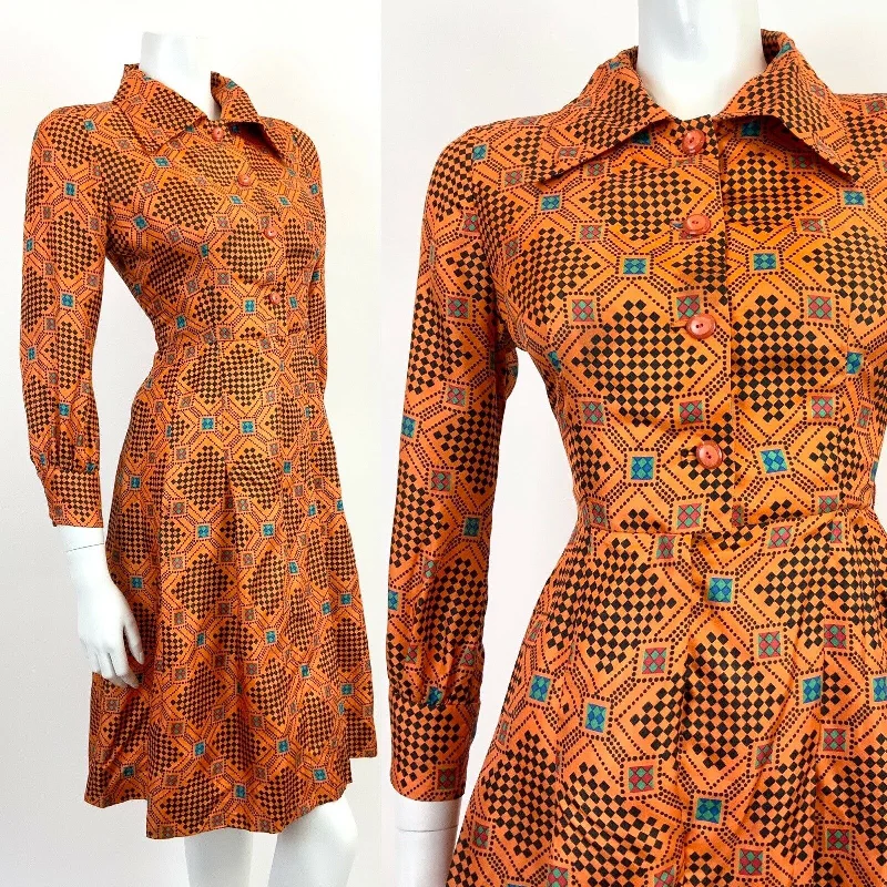 VINTAGE 60s 70s ORANGE BLACK GREEN RED CHECKERBOARD GEOMETRIC DAGGER SHIRT 8 10 Comfortable Short Sleeve Tunic VINTAGE 60s 70s ORANGE BLACK GREEN RED CHECKERBOARD GEOMETRIC DAGGER SHIRT 8 10 Comfortable Short Sleeve Tunic