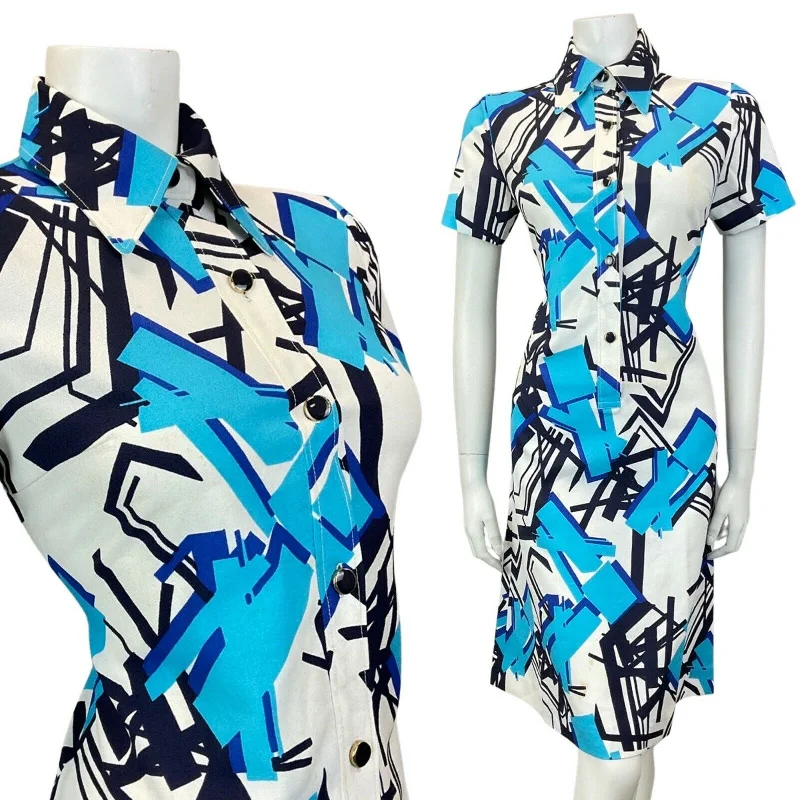 VINTAGE 60s 70s WHITE BLUE NAVY GEOMETRIC MOD DAGGER SHIRT DRES 10 12 Trendy Short Sleeve Blouse VINTAGE 60s 70s WHITE BLUE NAVY GEOMETRIC MOD DAGGER SHIRT DRES 10 12 Trendy Short Sleeve Blouse