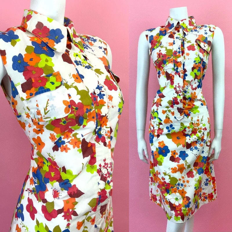 VINTAGE 60s 70s WHITE BLUE ORANGE RED FLORAL MOD SLEEVELESS DAGGER SHIRT 12 Chic Button-Up Short Shirt VINTAGE 60s 70s WHITE BLUE ORANGE RED FLORAL MOD SLEEVELESS DAGGER SHIRT 12 Chic Button-Up Short Shirt