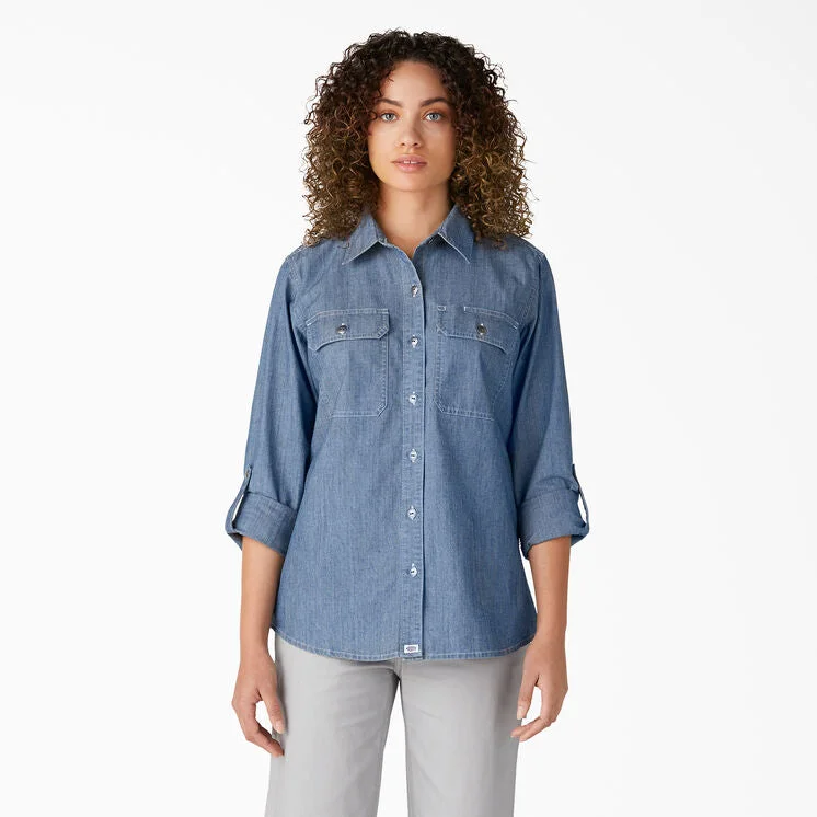 Women's Long-Sleeve Chambray Roll-Tab Work Shirt FL501 Casual Boxy Short Shirt