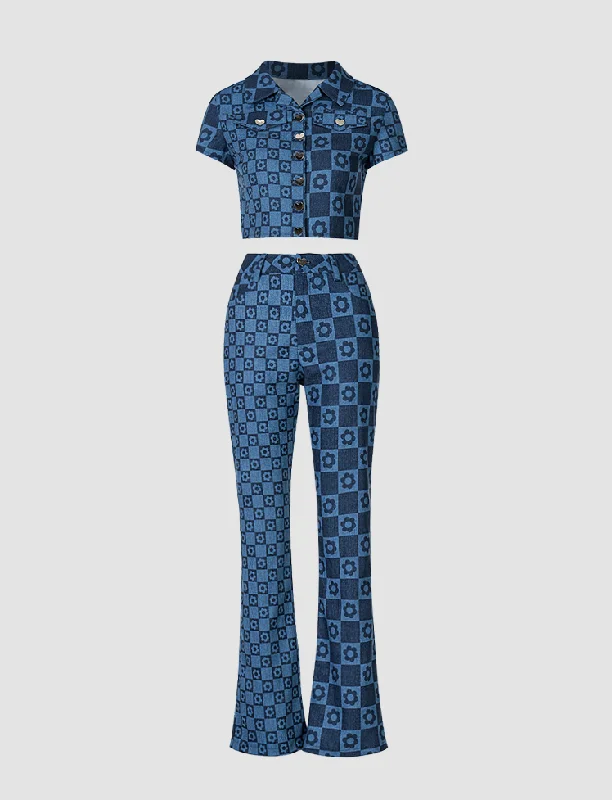 Floral Plaid Top&Trouser Set Trousers High Rise Slim Fit