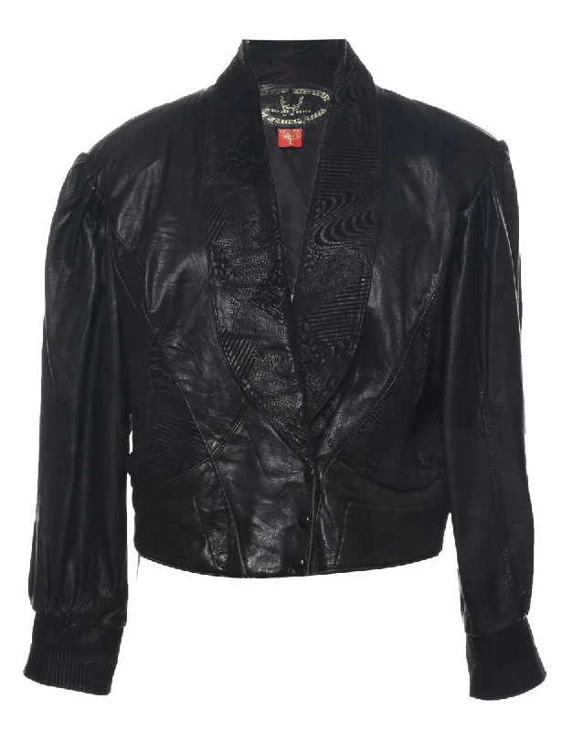 Biker Style Leather Jacket - L Welt Pockets Slit Pockets Flap Pockets
