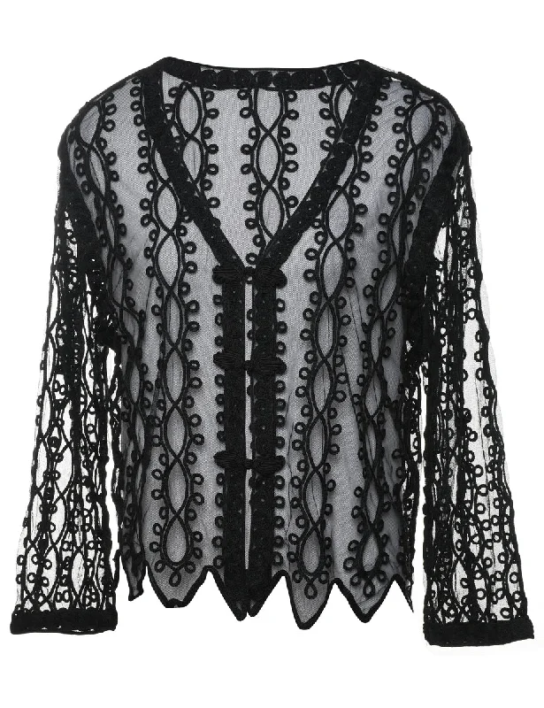 Black Classic Lace Sheer Jacket - L Hoodie Zip-Up Jacket Button-Up Jacket