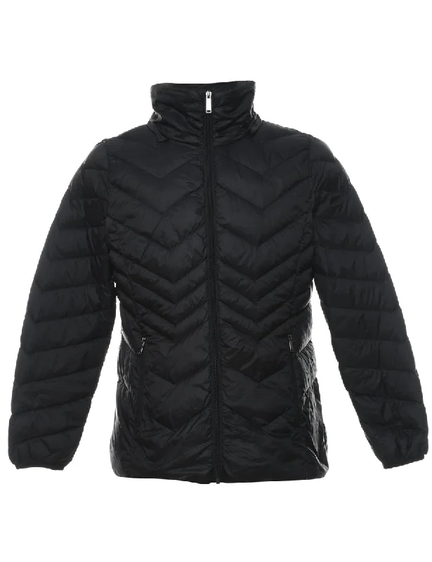 Black Classic Puffer Jacket - L Welt Pockets Slit Pockets Flap Pockets