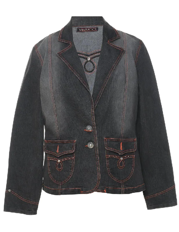 Black Distressed Y2K  Denim Jacket - M Print Jacket Jacquard Jacket Patchwork Jacket
