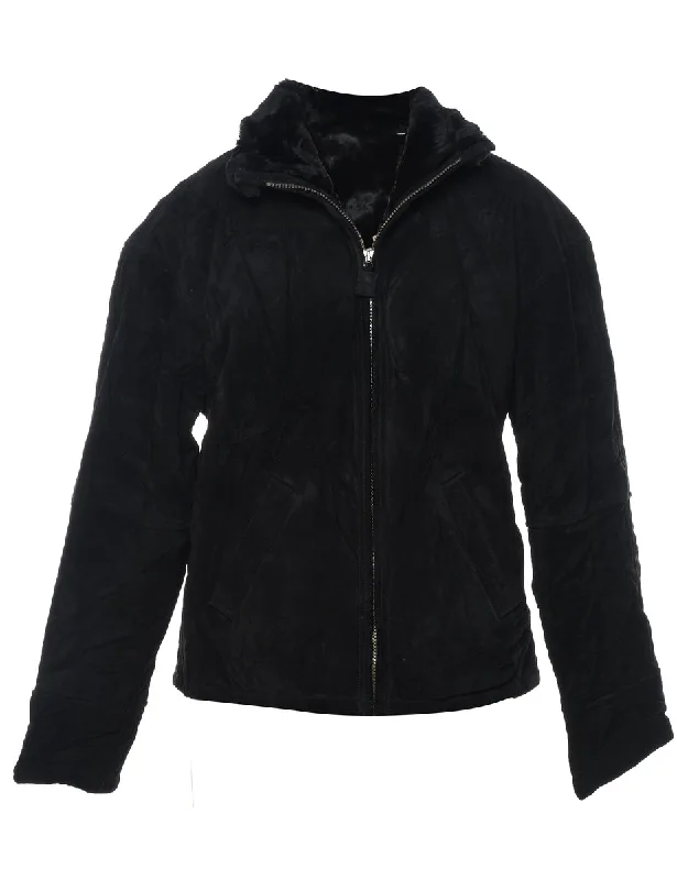 Black Shearling Lined Zip-Front Suede Jacket - M Front Pockets Side Pockets Patch Pockets Black Shearling Lined Zip-Front Suede Jacket - M Front Pockets Side Pockets Patch Pockets