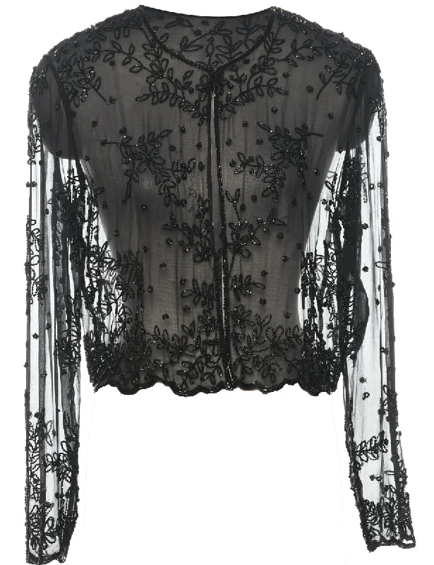 Black Sheer Beaded 1990s Evening Jacket - L Corduroy Jacket Velvet Jacket Brocade Jacket Black Sheer Beaded 1990s Evening Jacket - L Corduroy Jacket Velvet Jacket Brocade Jacket