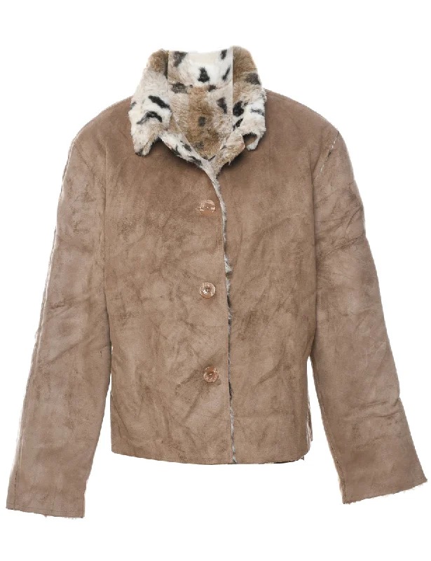 Brown Suede & Animal Design Shearling Lined Jacket - L Welt Pockets Slit Pockets Flap Pockets Brown Suede & Animal Design Shearling Lined Jacket - L Welt Pockets Slit Pockets Flap Pockets