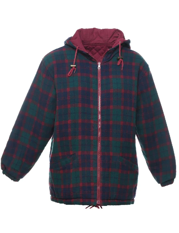 Checked Hooded Wool Jacket - L Mesh Jacket Canvas Jacket Denim Jacket