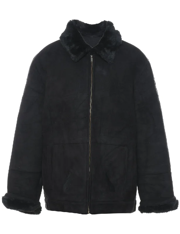Classic Suede Zip-Front Black Jacket - L Faux Fur Jacket Real Fur Jacket Shearling Jacket Classic Suede Zip-Front Black Jacket - L Faux Fur Jacket Real Fur Jacket Shearling Jacket