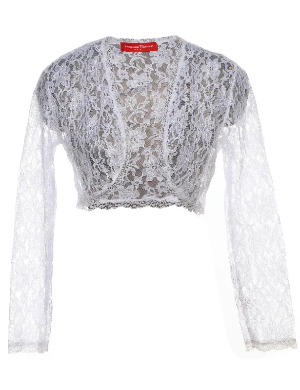 Cropped White Lace Evening Jacket - M Front Pockets Side Pockets Patch Pockets