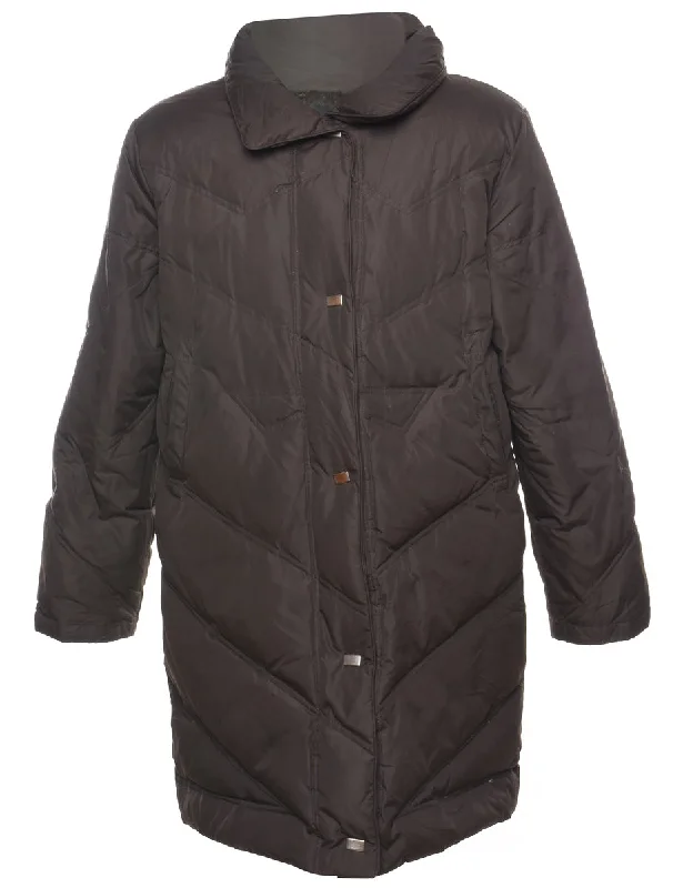 Dark Brown Zip-Front Puffer Jacket - L Rayon Fabric Velvet Fabric Corduroy Fabric