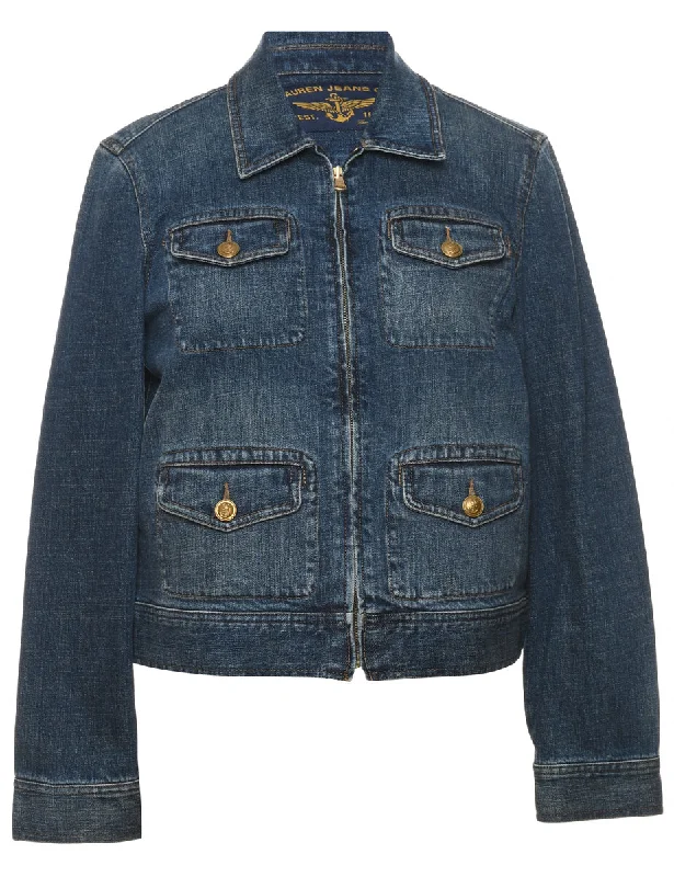 Dark Wash 1990s Zip-Front Denim Jacket - L Striped Jacket Polka Dot Jacket Floral Jacket Dark Wash 1990s Zip-Front Denim Jacket - L Striped Jacket Polka Dot Jacket Floral Jacket