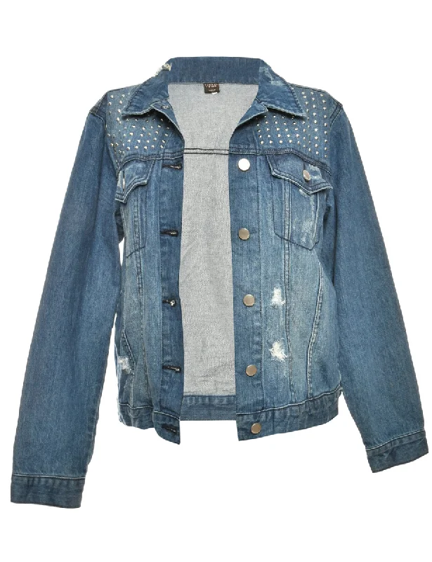 Distressed Medium Wash Denim Jacket - XL Faux Fur Jacket Real Fur Jacket Shearling Jacket Distressed Medium Wash Denim Jacket - XL Faux Fur Jacket Real Fur Jacket Shearling Jacket
