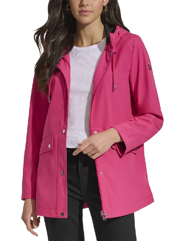 DKNY Hooded Rain Jacket Front Pockets Side Pockets Patch Pockets