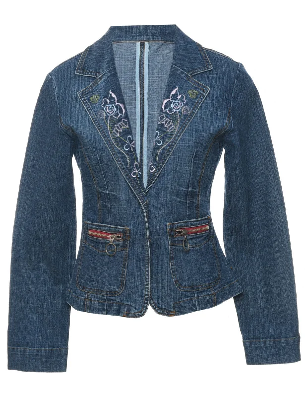 Embroidered Y2K Denim Jacket - M Fleece Jacket Down Jacket Feather Jacket