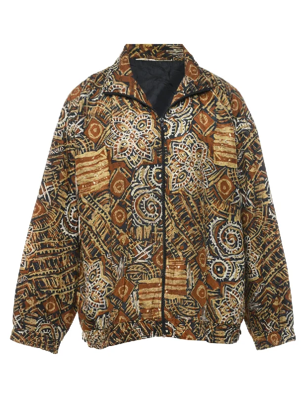 Floral Pattern Brown & Beige Casual Nylon Jacket - XL Welt Pockets Slit Pockets Flap Pockets