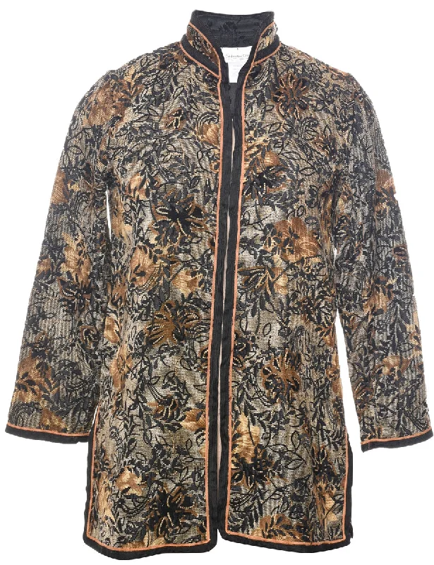 Floral Pattern Tapestry Jacket - XS Hooded Jacket Caped Jacket Shawl Collar Jacket