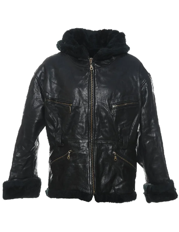 Hooded Black Faux Shearling Lined Classic Leather Jacket - L One-Shoulder Jacket Off-the-Shoulder Jacket Asymmetrical Jacket Hooded Black Faux Shearling Lined Classic Leather Jacket - L One-Shoulder Jacket Off-the-Shoulder Jacket Asymmetrical Jacket