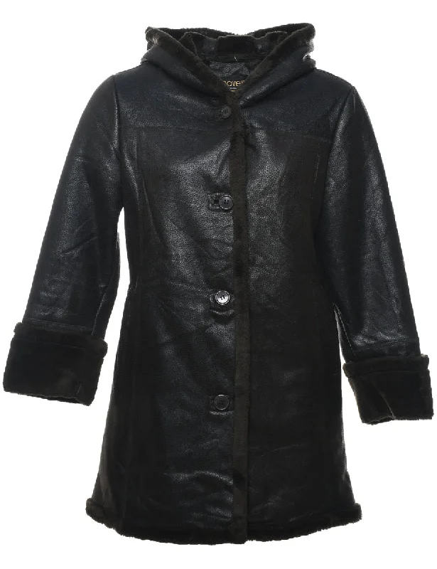 Hooded Black Leather Faux Shearling Lined Jacket - S Snapped Jacket Toggled Jacket Drawstring Jacket Hooded Black Leather Faux Shearling Lined Jacket - S Snapped Jacket Toggled Jacket Drawstring Jacket