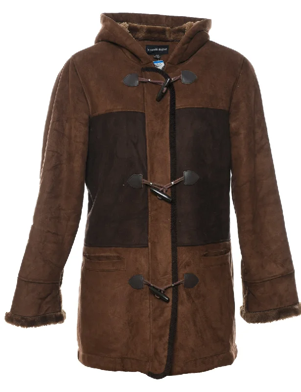 Hooded Brown Contrast Panel Faux Shearling Lined Jacket - M Ribbed Jacket Pleated Jacket Ruffled Jacket Hooded Brown Contrast Panel Faux Shearling Lined Jacket - M Ribbed Jacket Pleated Jacket Ruffled Jacket