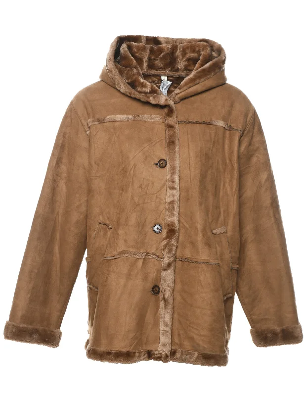 Hooded Faux Shearling Jacket - XL Embroidered Jacket Appliqued Jacket Beaded Jacket