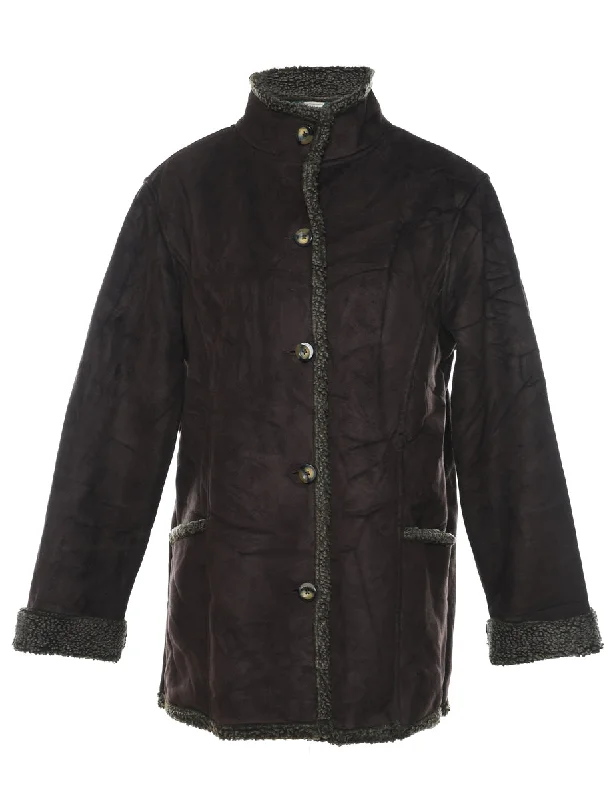 L.L. Bean Dark Brown Shearling Jacket - M Notch Collar Peter Pan Collar Cowl Neck