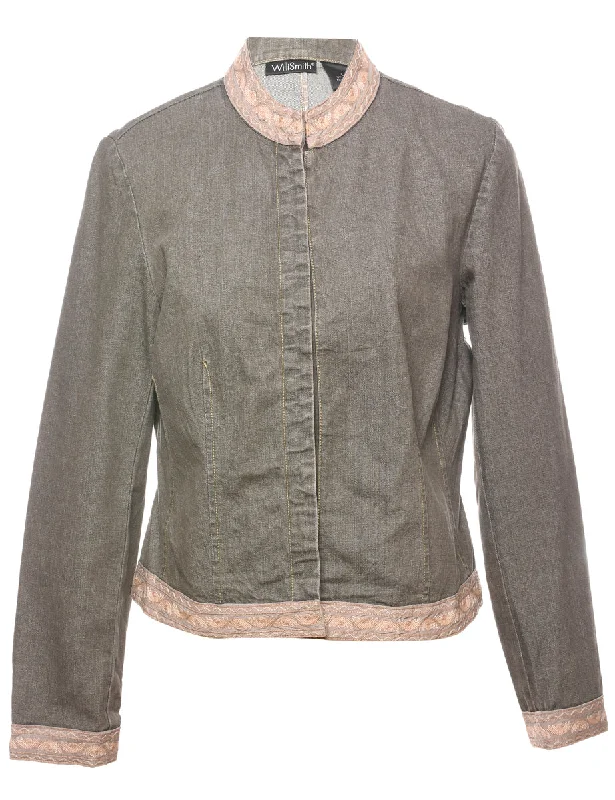 Light Grey Zip-Front Denim Jacket - L Zippered Front Buttoned Front Snap Front