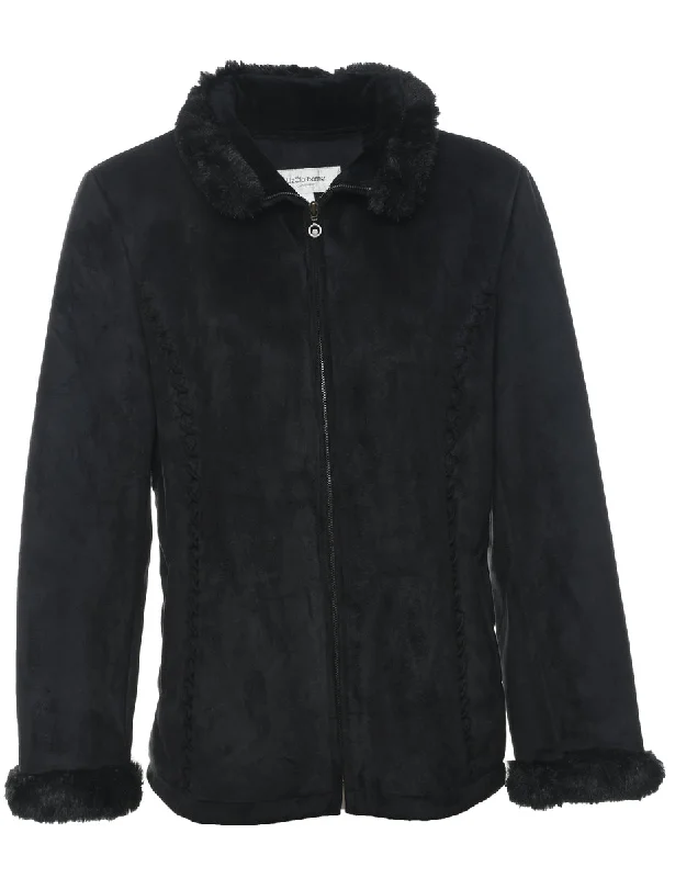 Liz Claiborne Black Zip-Front Faux Shearling Lined Jacket - L Faux Fur Fabric Real Fur Fabric Shearling Fabric Liz Claiborne Black Zip-Front Faux Shearling Lined Jacket - L Faux Fur Fabric Real Fur Fabric Shearling Fabric