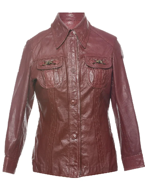 Maroon 1970s Leather Jacket - S Zippered Jacket Buttoned Jacket Snapped Jacket
