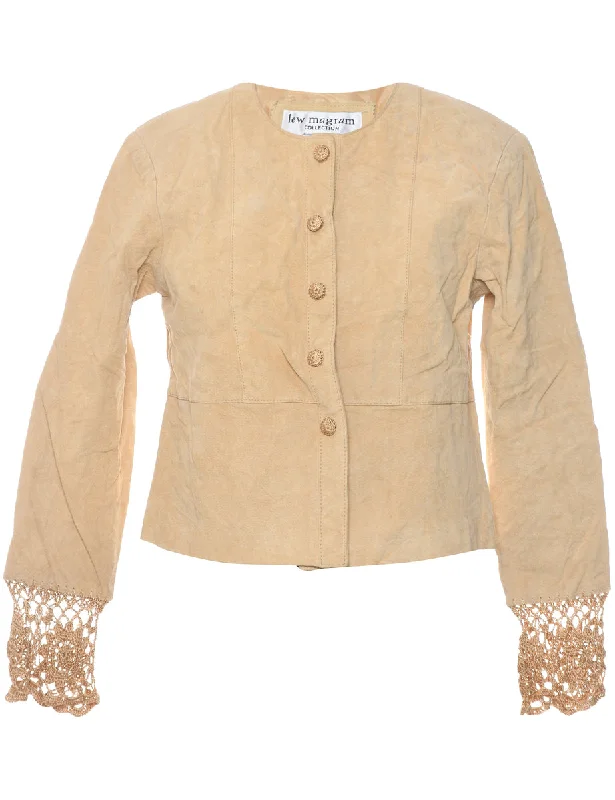 Pale Yellow Suede Jacket - L Appliqued Jacket Beaded Jacket Sequined Jacket