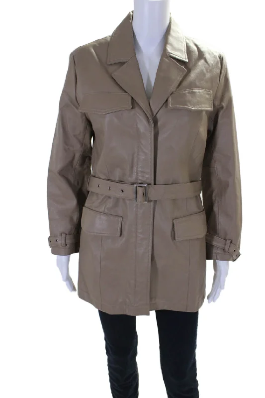 Pamela McCoy Collection Womens Zip Front Jacket Leather Beige V-Neck Jacket Boat Neck Jacket Square Neck Jacket