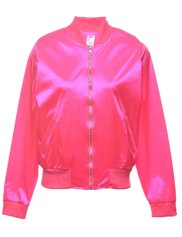 Pink Classic Zip-Front Bomber Jacket - M Denim Fabric Leather Fabric Suede Fabric