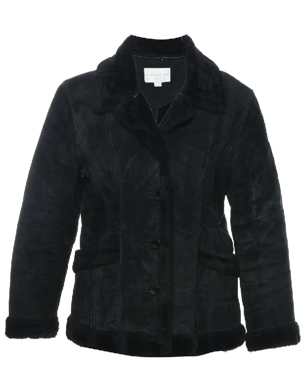 Single Breasted Black Suede Classic Jacket - L A-Line Jacket Boat Neck Shawl Collar