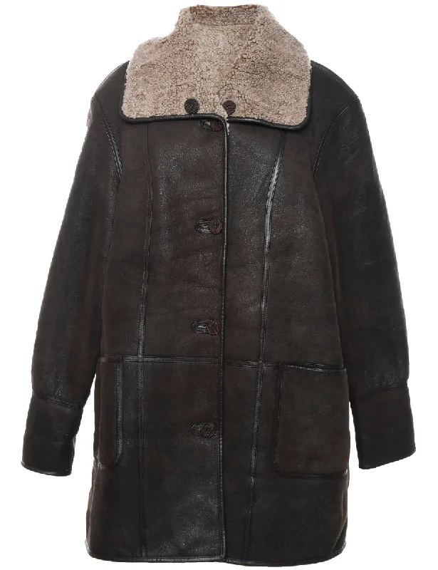 Single Breasted Brown Leather Faux Shearling Lined Jacket - L Nylon Jacket Polyester Jacket Spandex Jacket Single Breasted Brown Leather Faux Shearling Lined Jacket - L Nylon Jacket Polyester Jacket Spandex Jacket