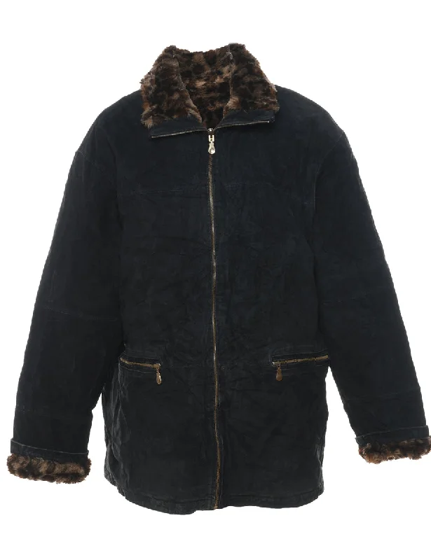 Suede Zip-Front Shearling Lined Black Jacket - L A-Line Jacket Boat Neck Shawl Collar Suede Zip-Front Shearling Lined Black Jacket - L A-Line Jacket Boat Neck Shawl Collar