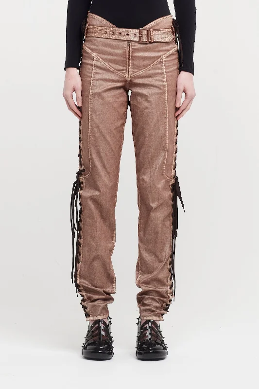 Jean Paul Gaultier X KNWLS Low Waist Laced Straight Trousers with Topstitched and Branded Patch Details Trousers Chinos Classic