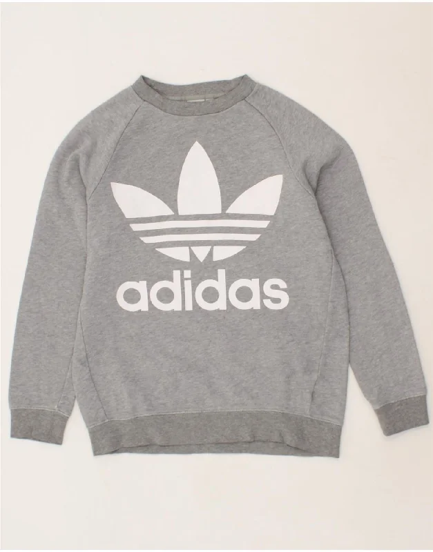 ADIDAS Womens Oversized Graphic Sweatshirt Jumper UK 6 XS  Grey Cotton Hoodie with Velcro Closure Adjustable Secure