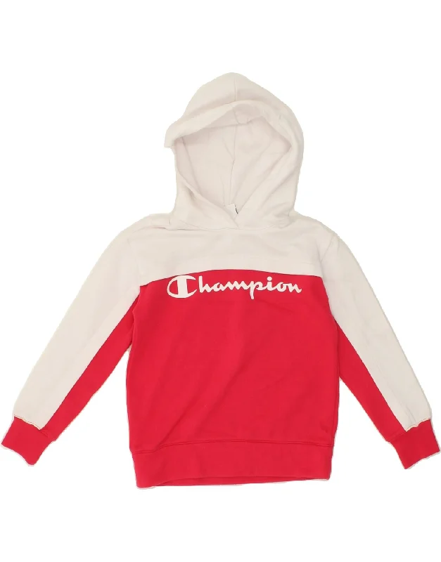 CHAMPION Girls Graphic Hoodie Jumper 7-8 Years White Colourblock Cotton Hoodie with Hem Embroidery Detailed Premium CHAMPION Girls Graphic Hoodie Jumper 7-8 Years White Colourblock Cotton Hoodie with Hem Embroidery Detailed Premium