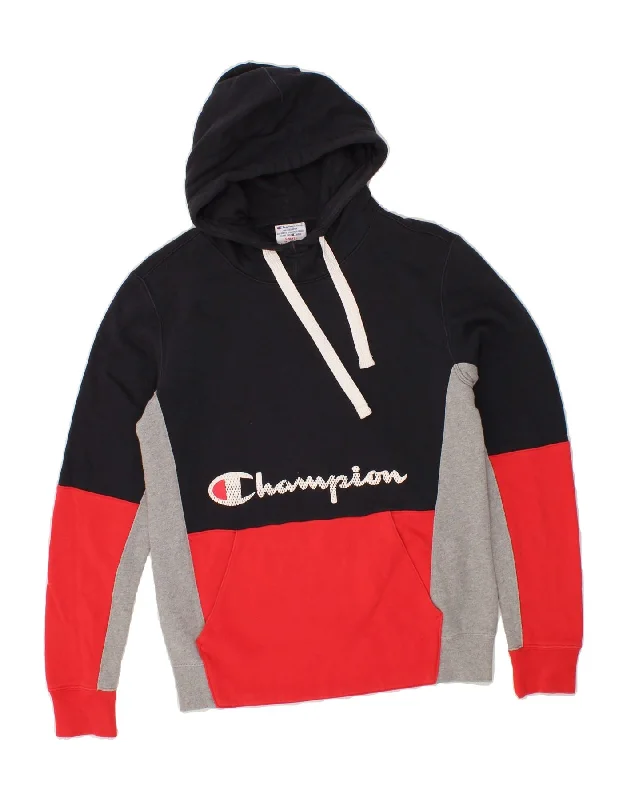CHAMPION Mens Graphic Hoodie Jumper Small Black Colourblock Cotton Hoodie with Front Slit Layering Stylish CHAMPION Mens Graphic Hoodie Jumper Small Black Colourblock Cotton Hoodie with Front Slit Layering Stylish