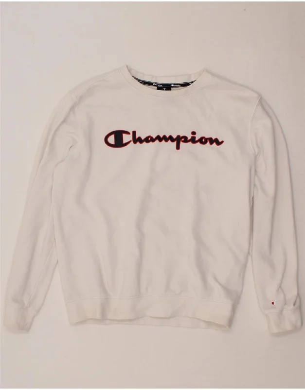 CHAMPION Mens Graphic Sweatshirt Jumper Medium White Cotton Hoodie with Hem Raw Edge Edgy Unfinished CHAMPION Mens Graphic Sweatshirt Jumper Medium White Cotton Hoodie with Hem Raw Edge Edgy Unfinished