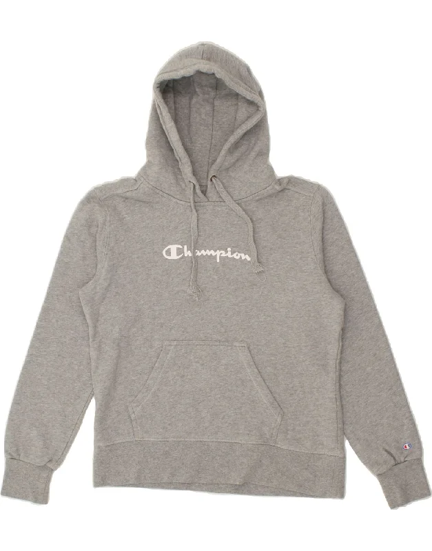 CHAMPION Womens Graphic Hoodie Jumper UK 16 Large Grey Cotton Hoodie with Hem Applique Textured Unique CHAMPION Womens Graphic Hoodie Jumper UK 16 Large Grey Cotton Hoodie with Hem Applique Textured Unique