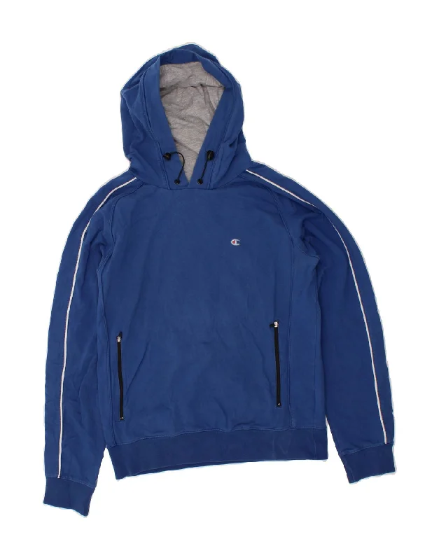 CHAMPION Womens Hoodie Jumper UK 14 Medium Blue Cotton Hoodie with Hem Embroidery Detailed Premium CHAMPION Womens Hoodie Jumper UK 14 Medium Blue Cotton Hoodie with Hem Embroidery Detailed Premium