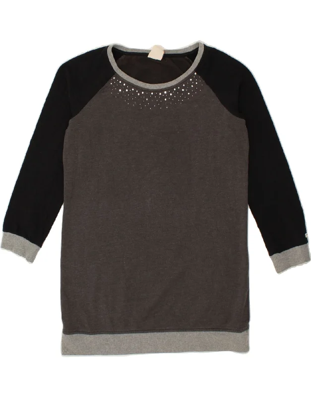 CHAMPION Womens Longline Sweatshirt Jumper UK 10 Small Grey Colourblock Hoodie with Velcro Closure Adjustable Secure
