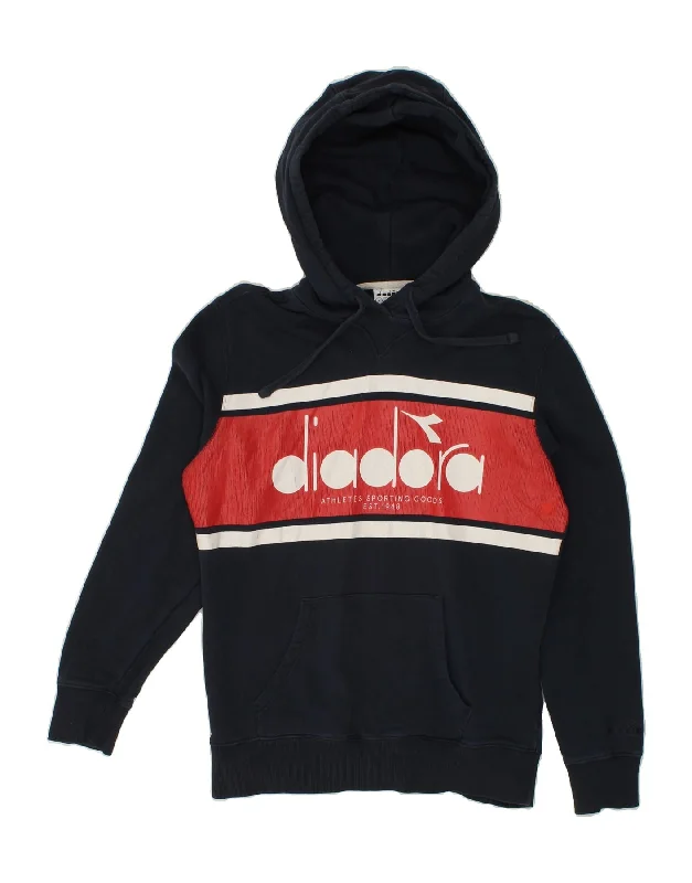 DIADORA Mens Graphic Hoodie Jumper Medium Navy Blue Colourblock Cotton Hoodie with Hem Patch Decorative Personalized DIADORA Mens Graphic Hoodie Jumper Medium Navy Blue Colourblock Cotton Hoodie with Hem Patch Decorative Personalized